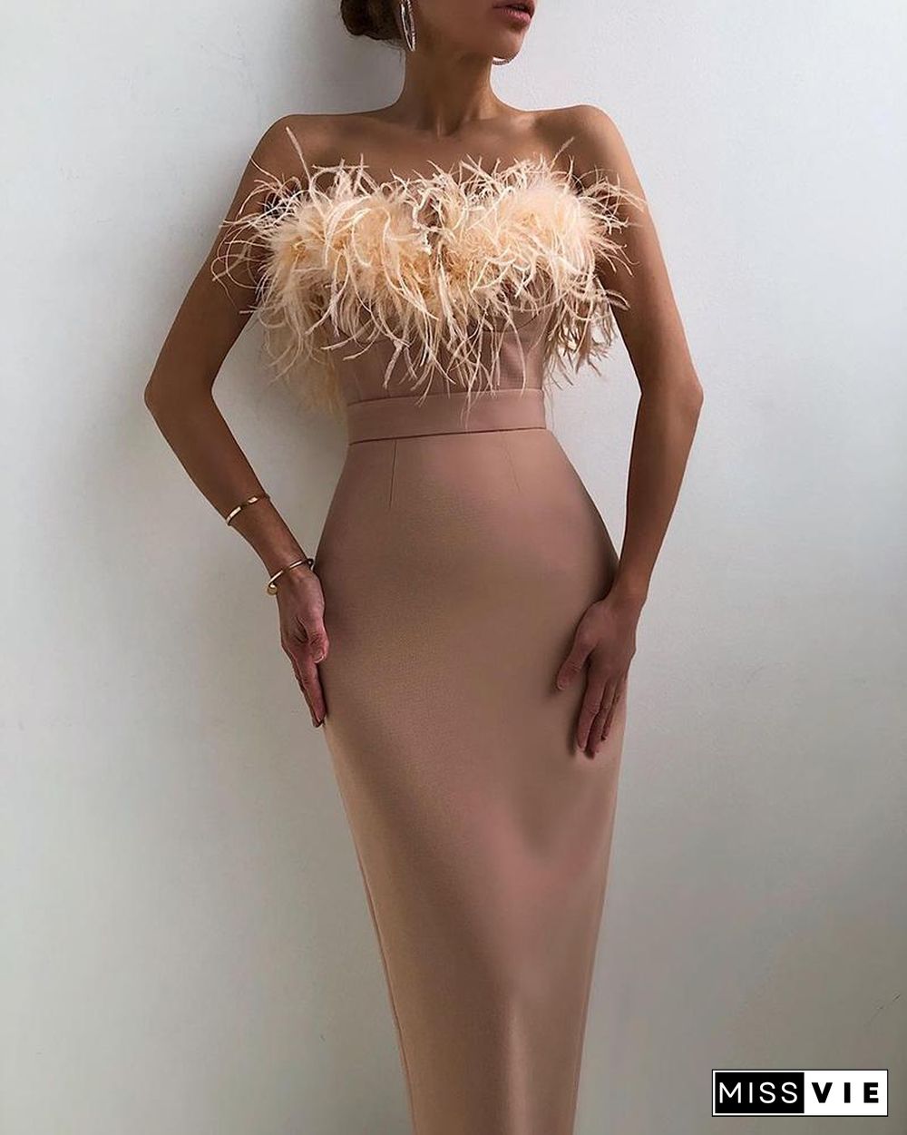 Feather Detail Bandeau Skinny Party Dress