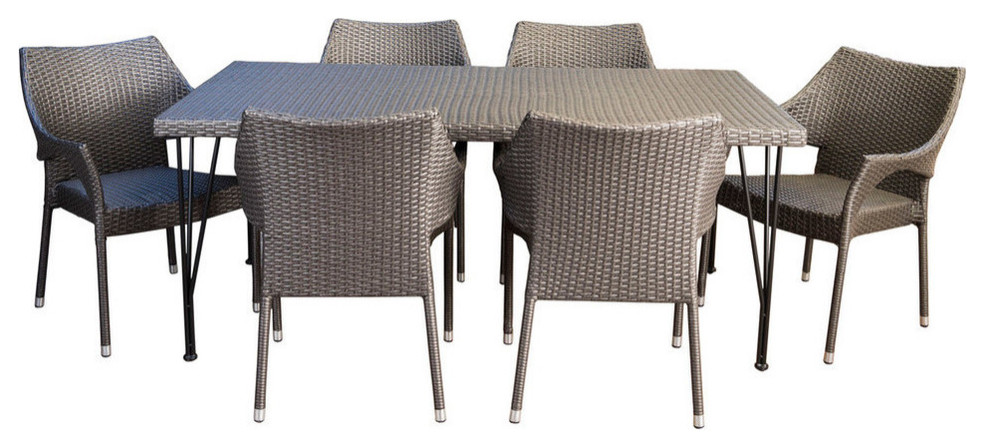 GDF Studio 7 Piece Colby Outdoor Gray Wicker Dining Set With Chairs   Tropical   Outdoor Dining Sets   by GDFStudio  Houzz