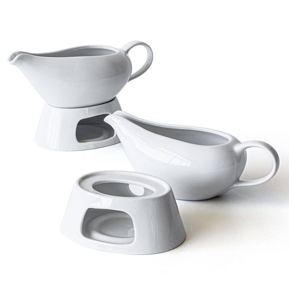 Over and Back 18 oz. White Stoneware Gravy Boat and Warmer Stand (set of 2_ 935833