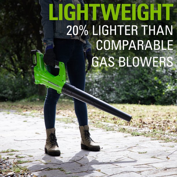 Greenworks 24V 330 CFM 100 MPH Axial Leaf Blower with 2Ah Battery and Charger， 2403502