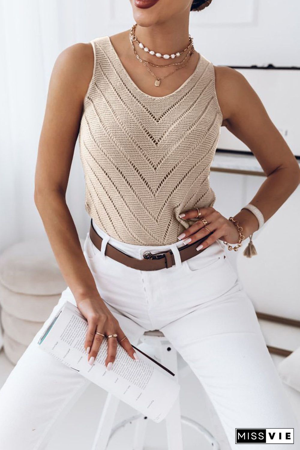 Khaki Chevron Hollowed Knit Tank Top