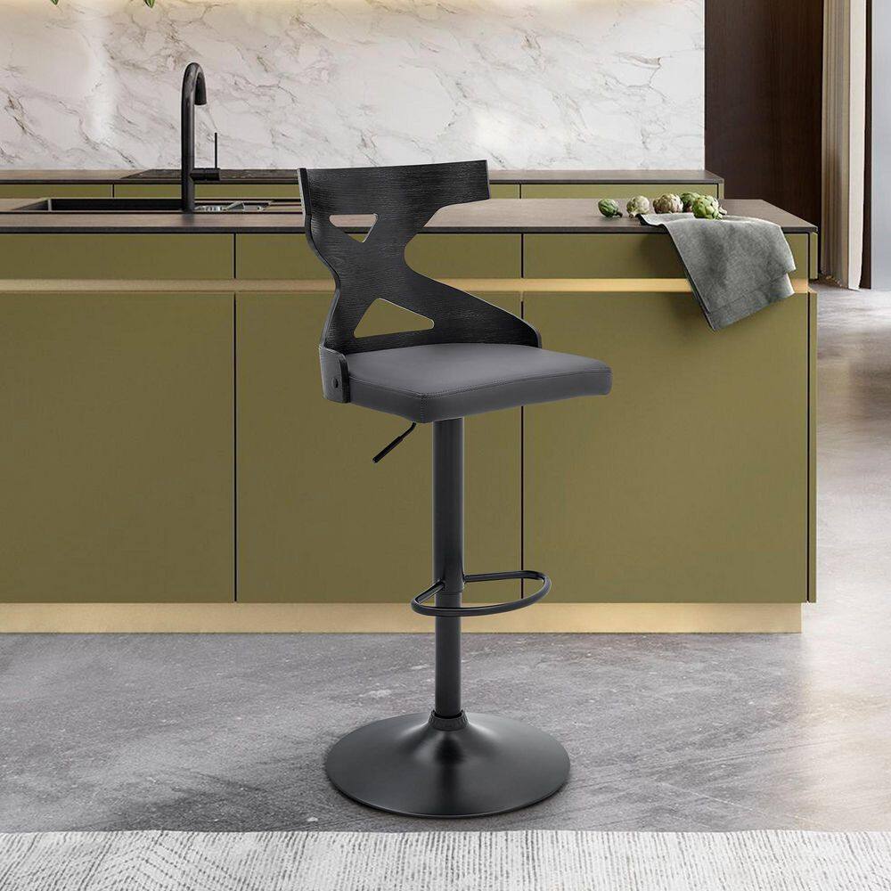 Armen Living Etienne Gray Adjustable Swivel Faux Leather and Black Metal Bar Stool LCETBABLGR