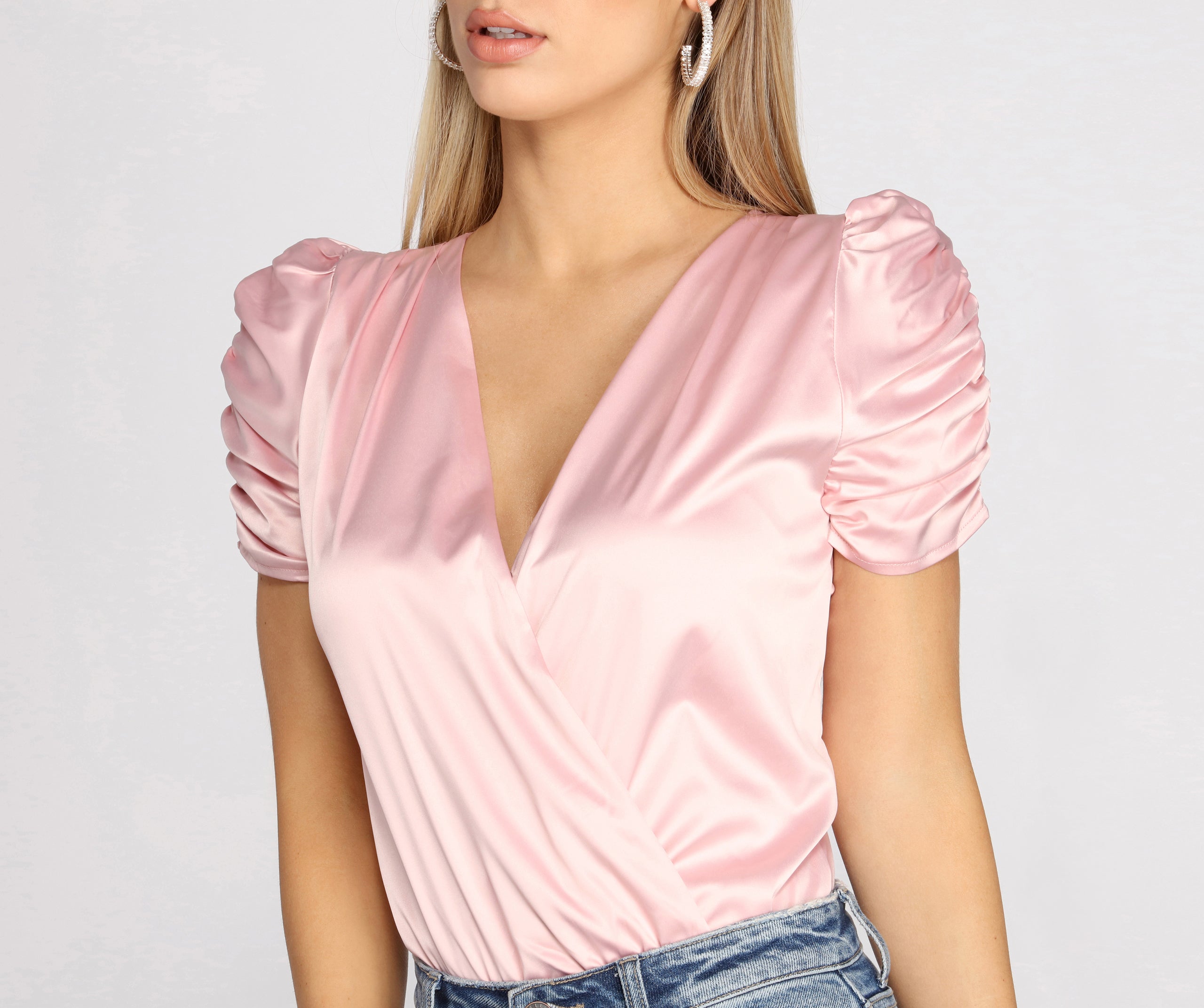 Ruched Satin Surplice Bodysuit