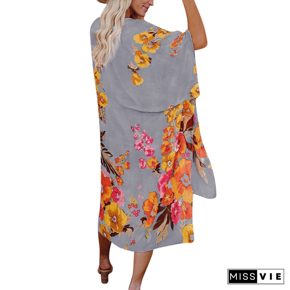 Women's Floral Smock Short-Sleeved Tops Beach Sunscreen Loose Printed Clothes Plus Size Cover Ups Party Dresses