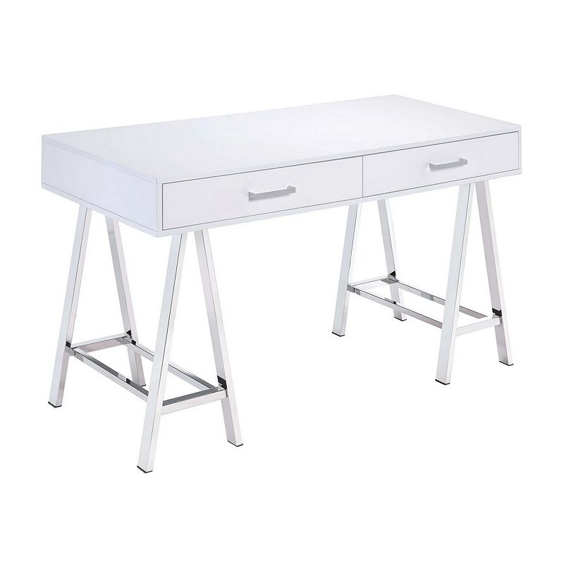 Rectangular Two Drawers Wooden Desk with Saw horse Metal Legs， Silver and White