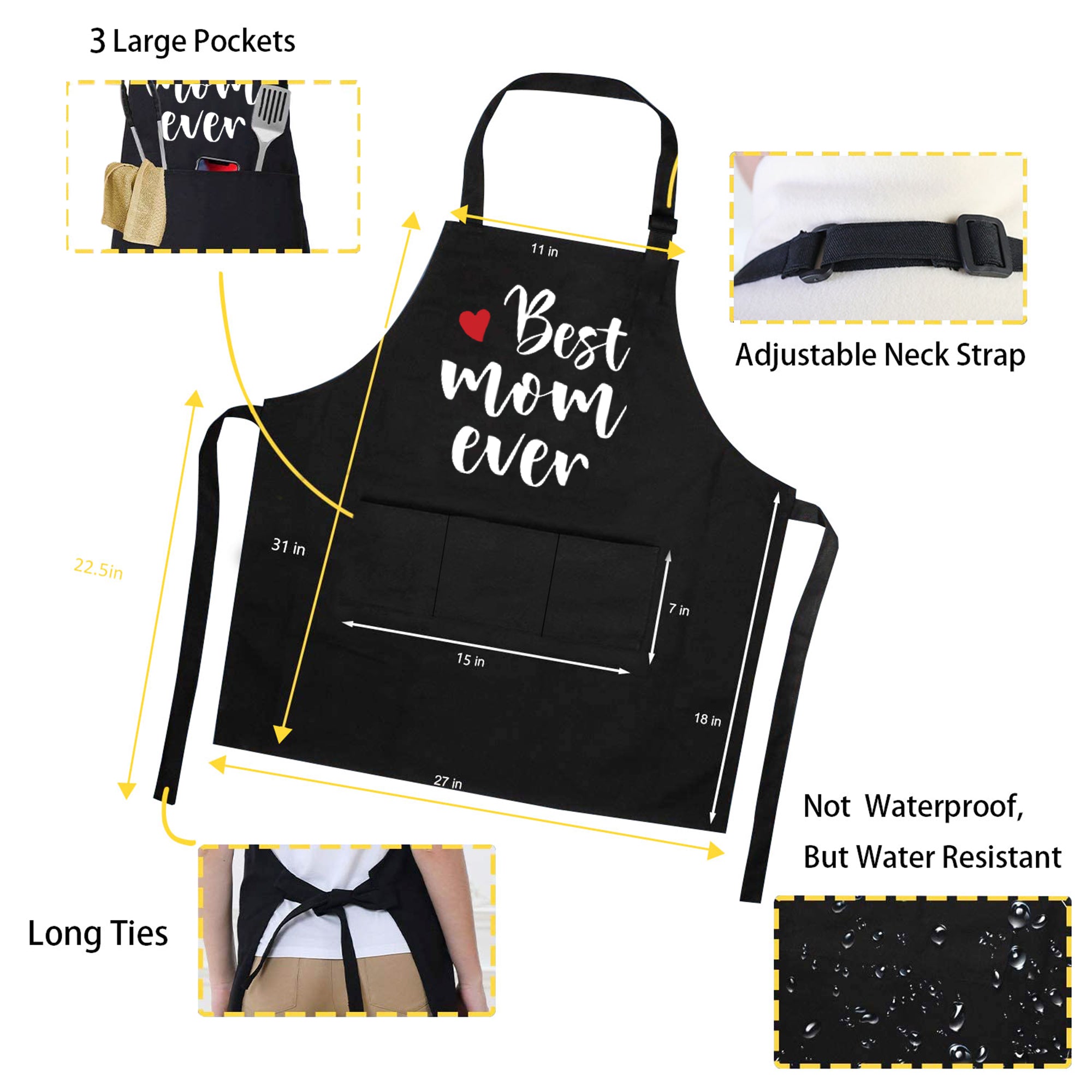 Best Mom Ever Apron，Cooking Apron for Women with 3 Pockets，Grill BBQ Chef Kitchen Apron，Gift for Mother Mom Wife Grandma，Black