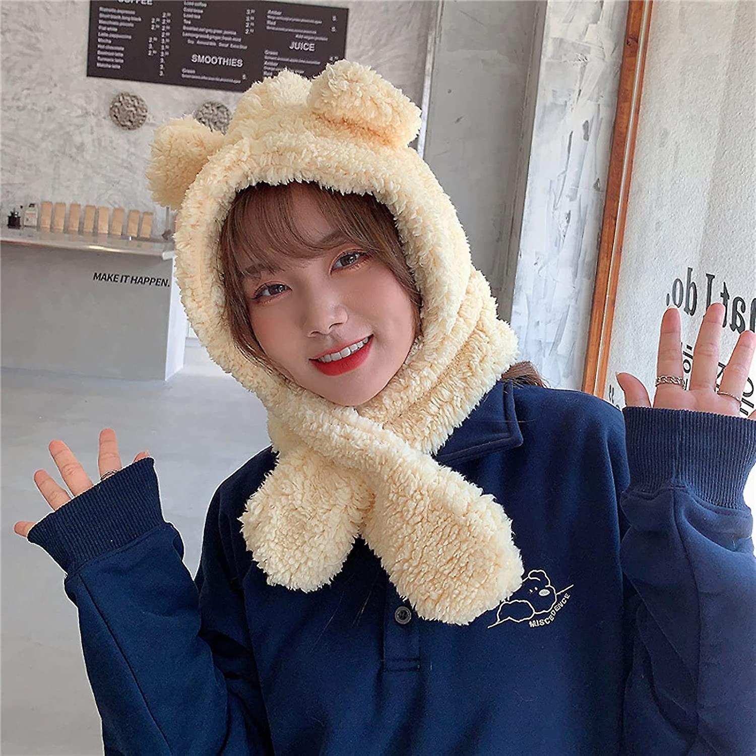 Winter Hats Bear Cap And Scarf 2 In 1 Cute Cartoon Thick Hat Protectors Warm Plush Hat Cap Women Girl Hat Beige One Size