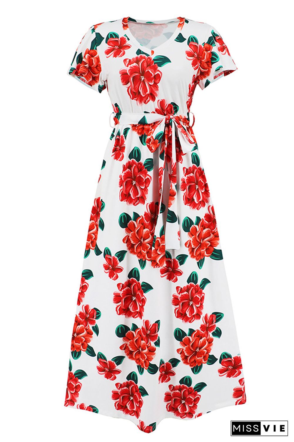 V Neck Short Sleeves Floral Maxi Dress