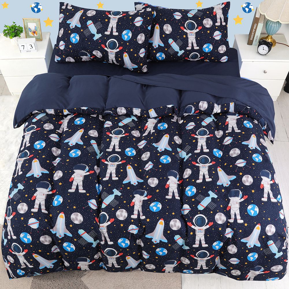 5 Piece Kids Bedding Set Polyester Microfiber Fabric Kids Duvet Cover with 2 Pillowcases Fitted Sheet Flat Sheet Space Astronaut Series Pattern Bedroom Decor for Kids Full