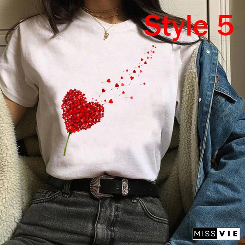 Women Clothes Lady Tees Graphic Printing Love Heart Sweet Valentine Cute Fashion Tops Female T Shirt Womens T-Shirt