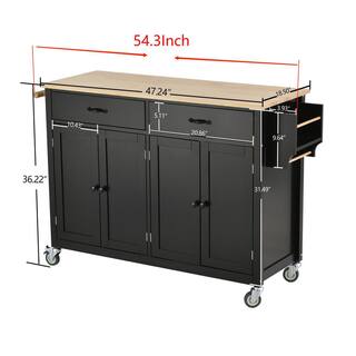 54.3 in.W Black Wood Kitchen Island Cart With Two Drawers CUU6911AAB