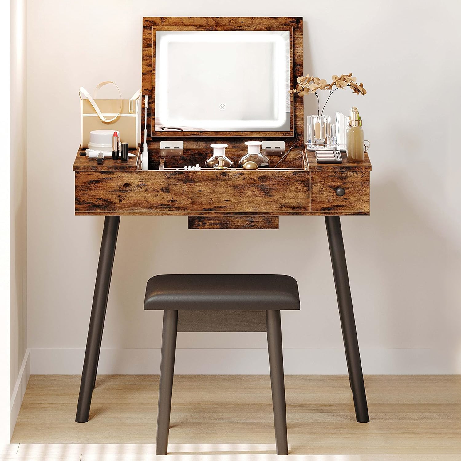 Flip Top Vanity Desk Set with LED Lighted Mirror and Power Outlet, Makeup Vanity Table with Drawers and Cabinet