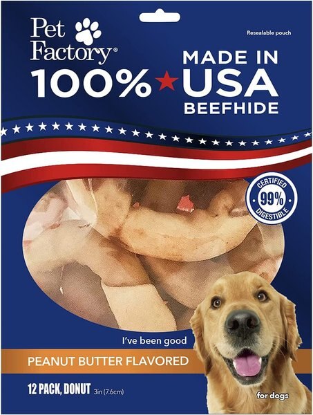 Pet Factory Beefhide 3-inch Donuts Peanut Butter Flavored Dog Hard Chews， 12 count