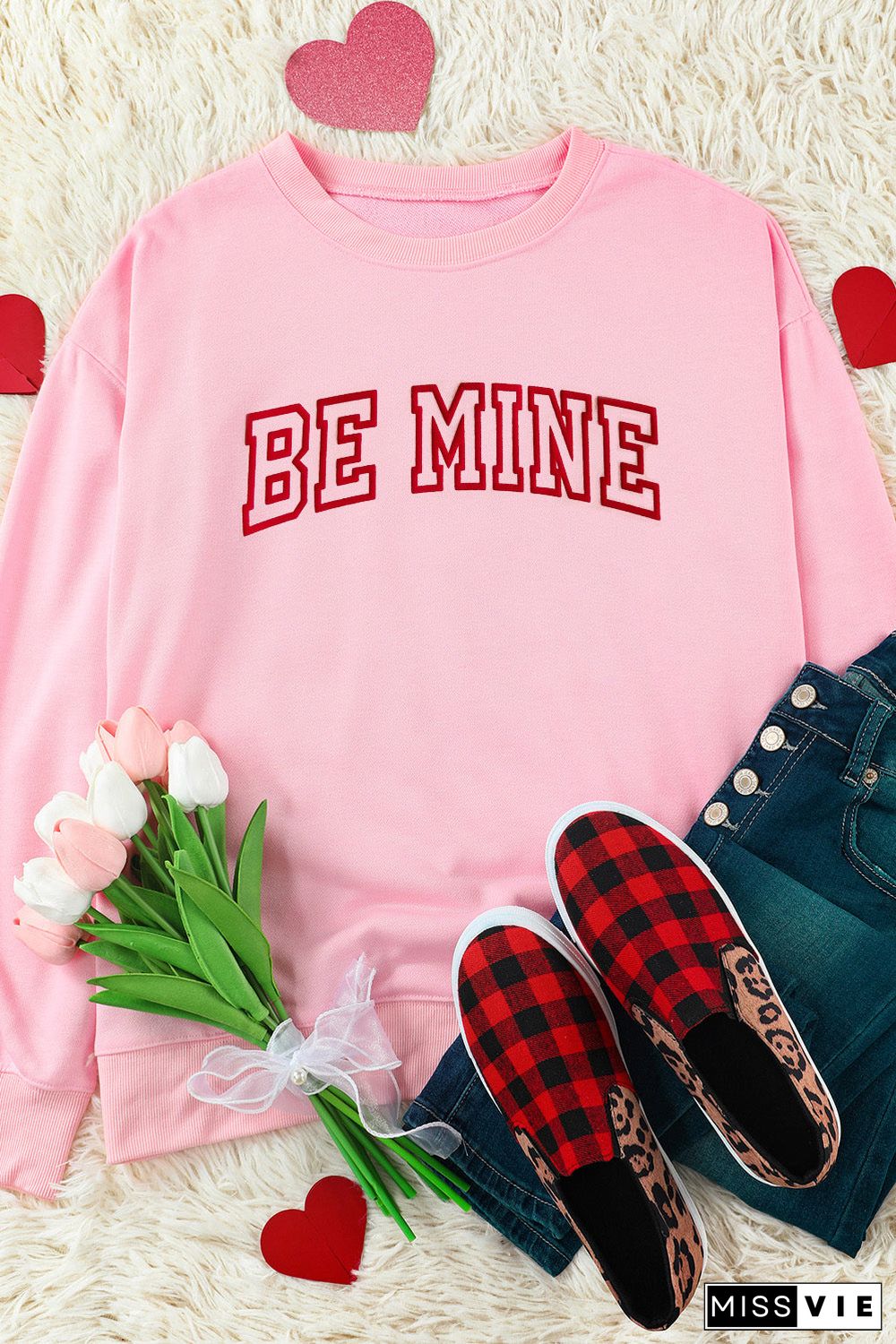 Pink BE MINE Puff Graphic Pullover Sweatshirt