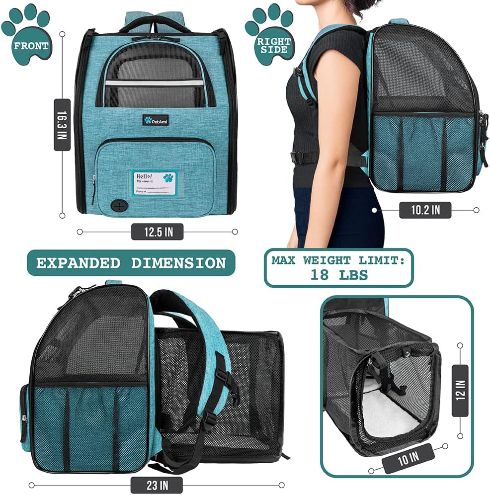 Dog Cat Backpack Carrier, Expandable Pet Carrier Backpack for Travel Hiking, Small Medium Dog Puppy Large Cat Carrying Backpack, Airline Approved Ventilated Soft Back Support, 18 lbs, Teal Blue