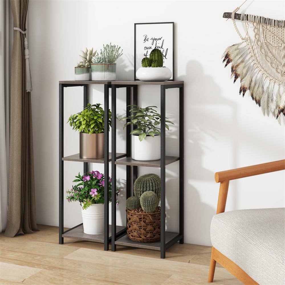 Gymax 36 in. x 12 in. x 12 in. Grey and Black Metal IndoorOutdoor Plant Stand Corner Plant Holder wMetal Frame 3 Tier GYM14122