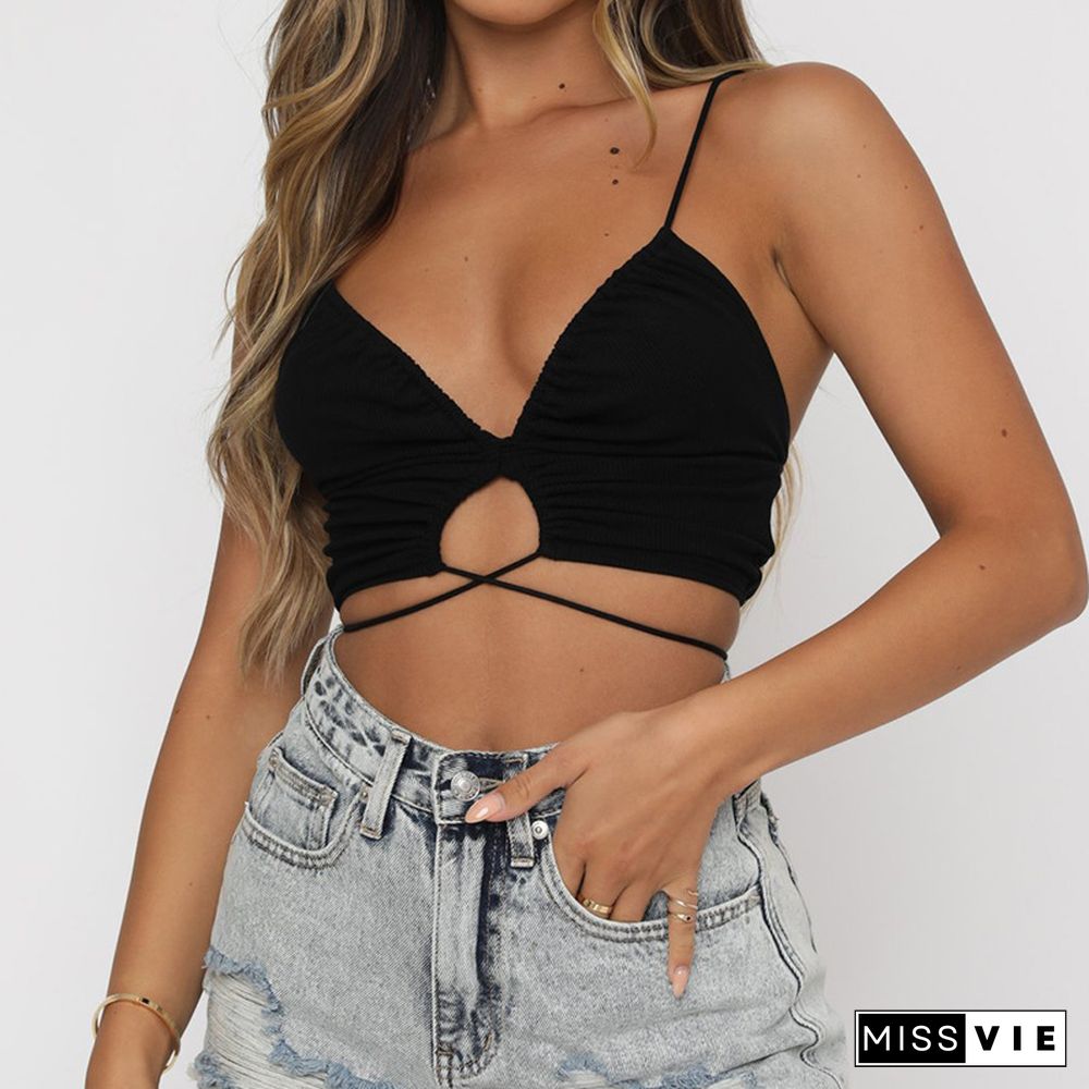 Women Solid Camisole Sexy Clubwear Spaghetti Strap V Neck Cross Tie Up Crop Cami Tops Hollow Out Halter Ruched Crop Top