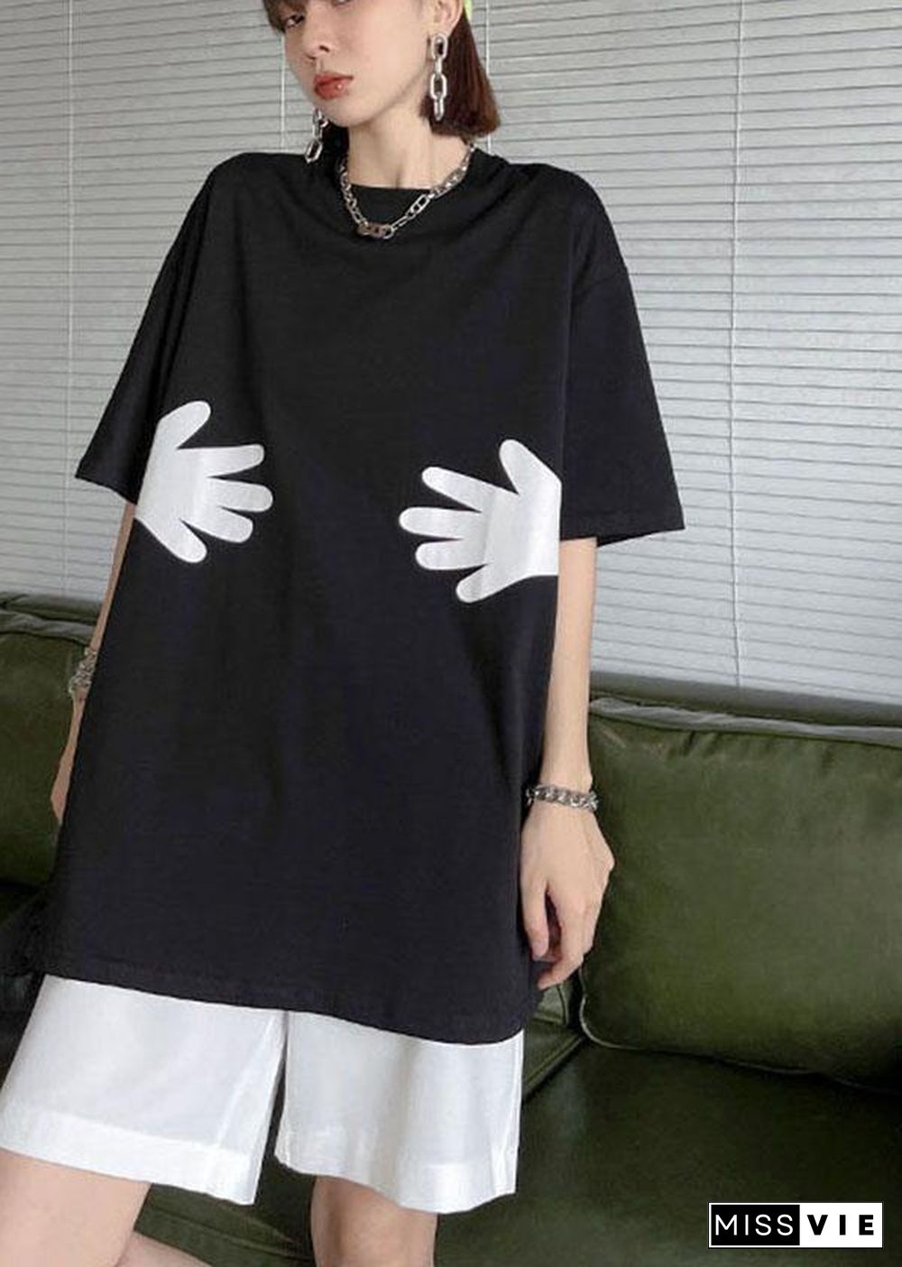 Plus Size Black O Neck Hug pattern Cotton Tee