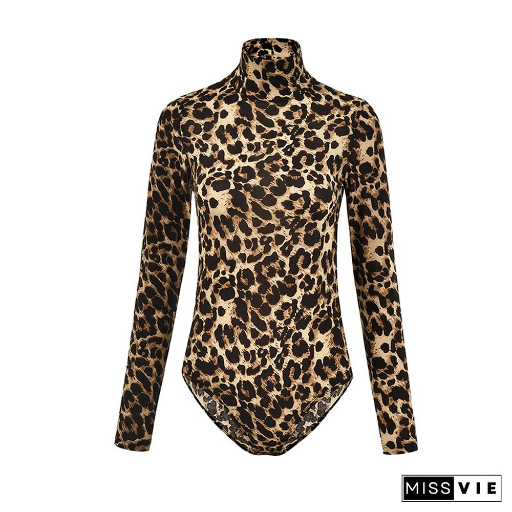 Women Leopard Bodysuit Tops Autumn Turtleneck Long Sleeve Bodycon Skinny Bodysuits Jumpsuits Ladies Sexy Club Wear