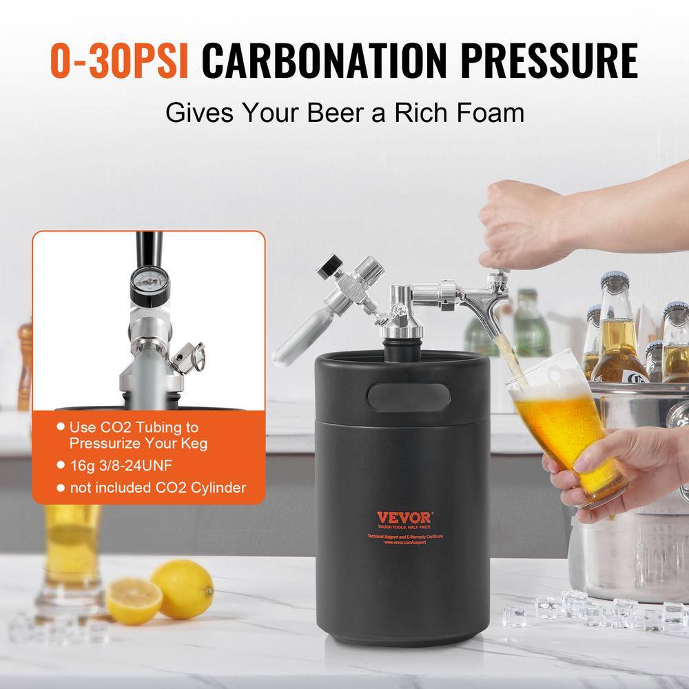 VEVOR Beer Growler Tap System 170 oz. 5L Mini Keg 304 Stainless Steel Pressurized Beer Growler with Pressure Display MNPJTHSY170OZOM8VV0