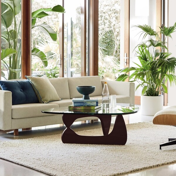 Noguchi Modern Triangle Glass Coffee Table Cherry Wood Base