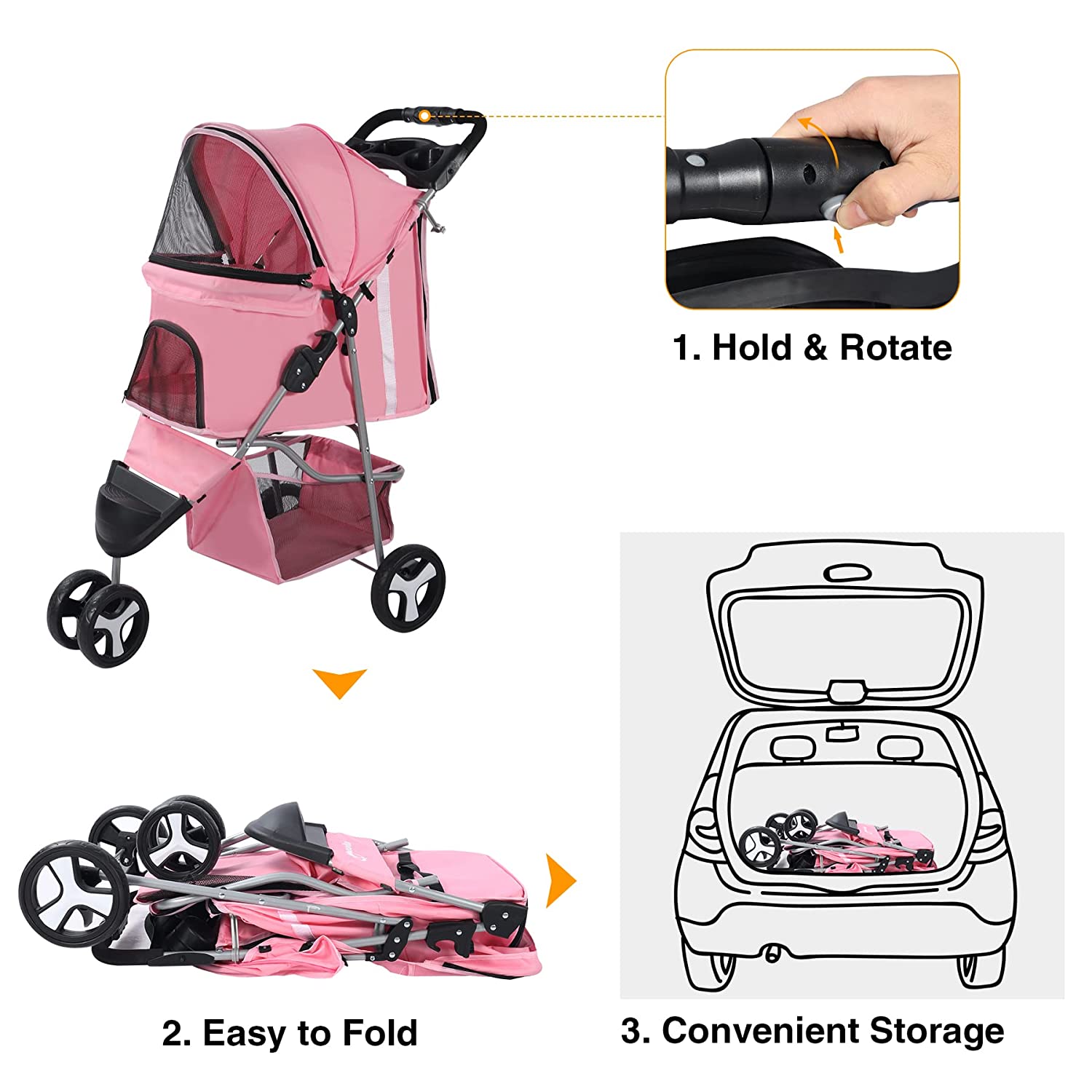 Lineslife 3 Wheels Pet Stroller， Foldable Carrier Strolling Cart for Small Medium Dogs and Cats， Pink