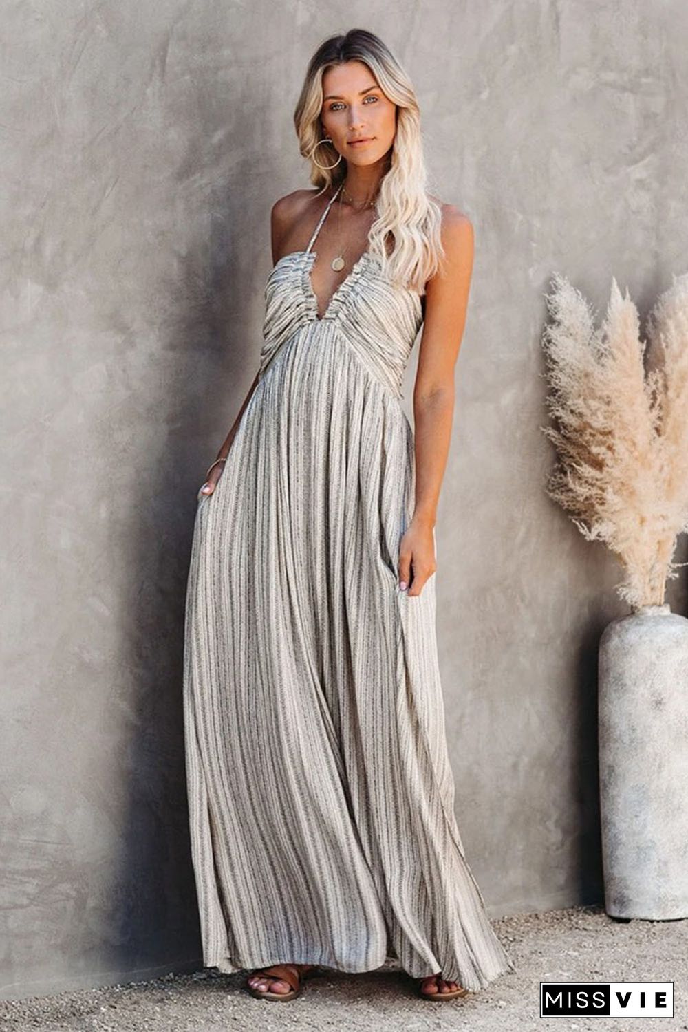 Pocketed Printed Halter Backless Maxi Dress