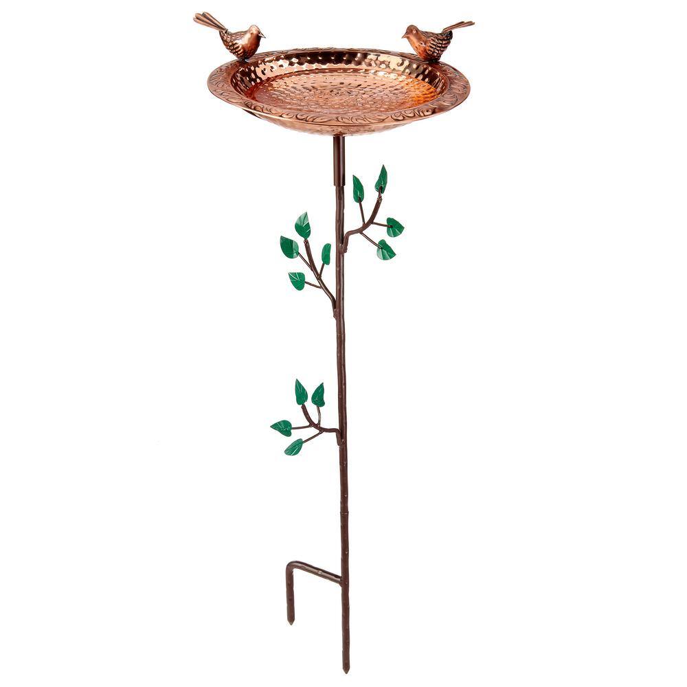 Good Directions Pure Copper Birdbath， Featuring Two Copper Birds and a Tree Themed Multi-Pronged Garden Pole BBG-2