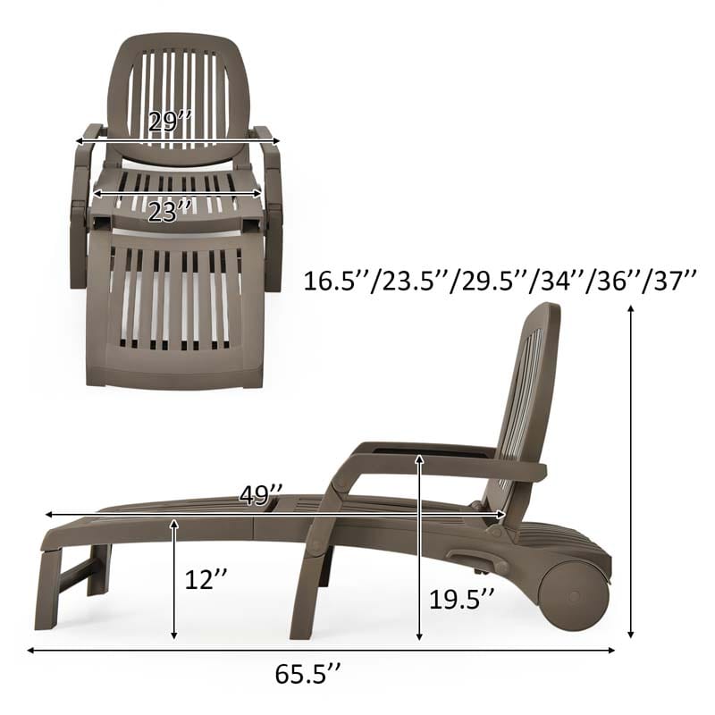 Weatherproof Folding Sun Lounger with Wheels, 6-Position Plastic Outdoor Chaise Lounge Chair for Pool Beach Lawn