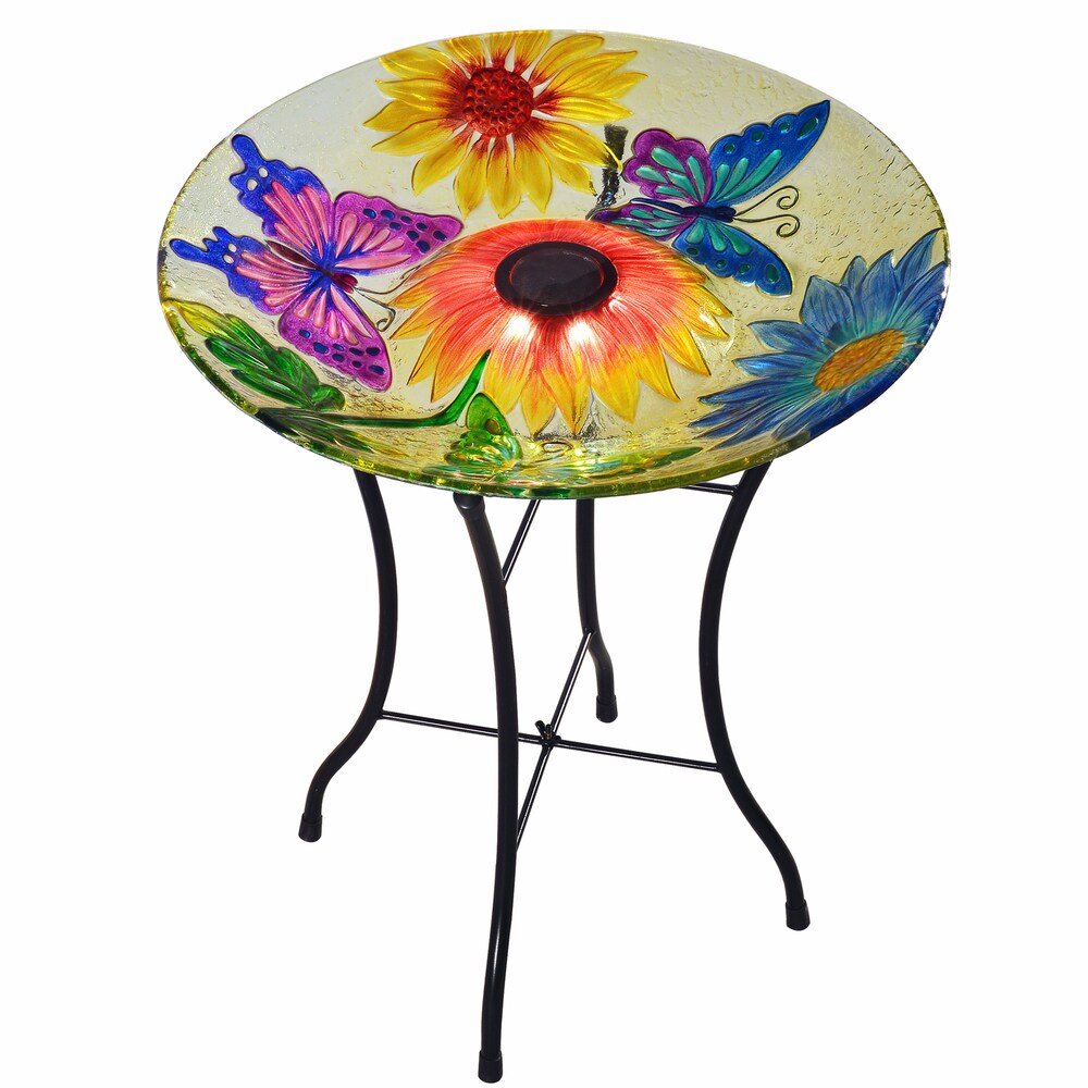 Teamson Home   Outdoor 18 Inch Handpainted Butterfly Fusion Glass Solar Bird Bath w/ Stand