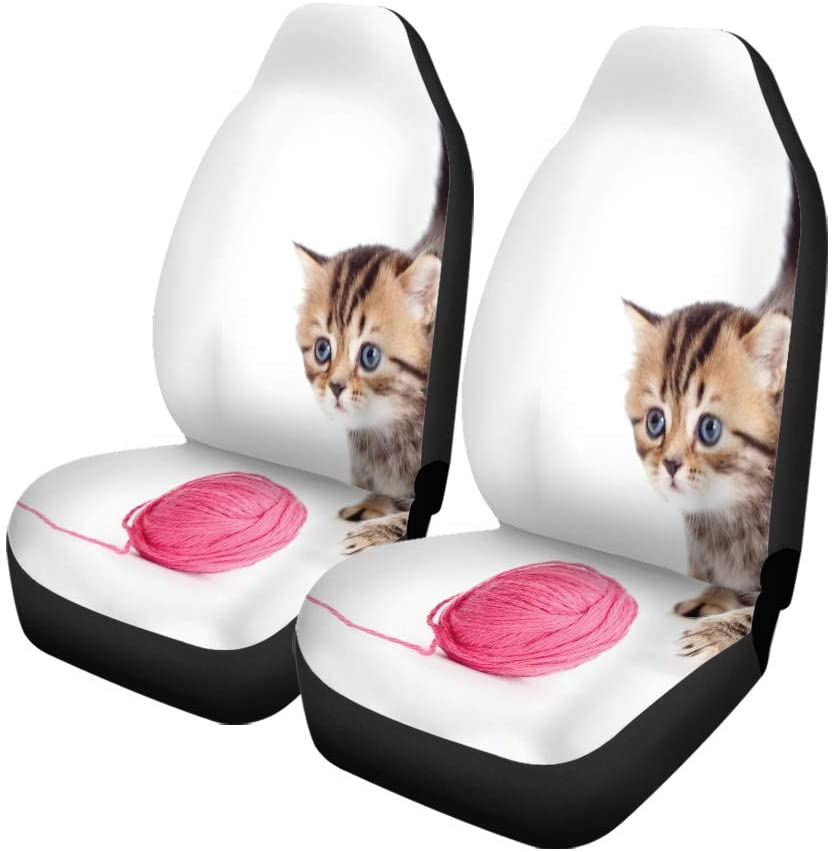 ZHANZZK Set of 2 Car Seat Covers Cat Tabby British Kitten Playing Red Clew Ball Pet Universal Auto Front Seats Protector Fits for Car，SUV Sedan，Truck