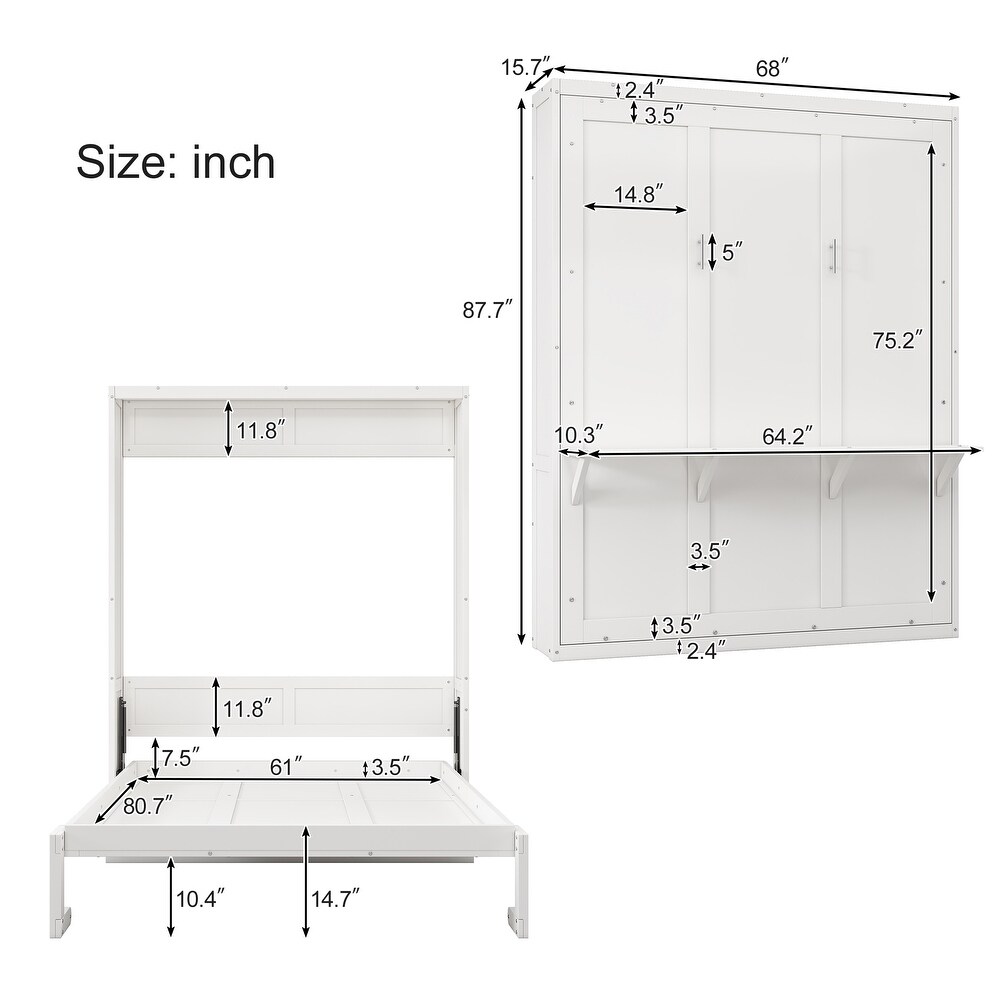 Dual Piston System Murphy Bed Foldable Bed with 2 Side Cabinet  Queen  White