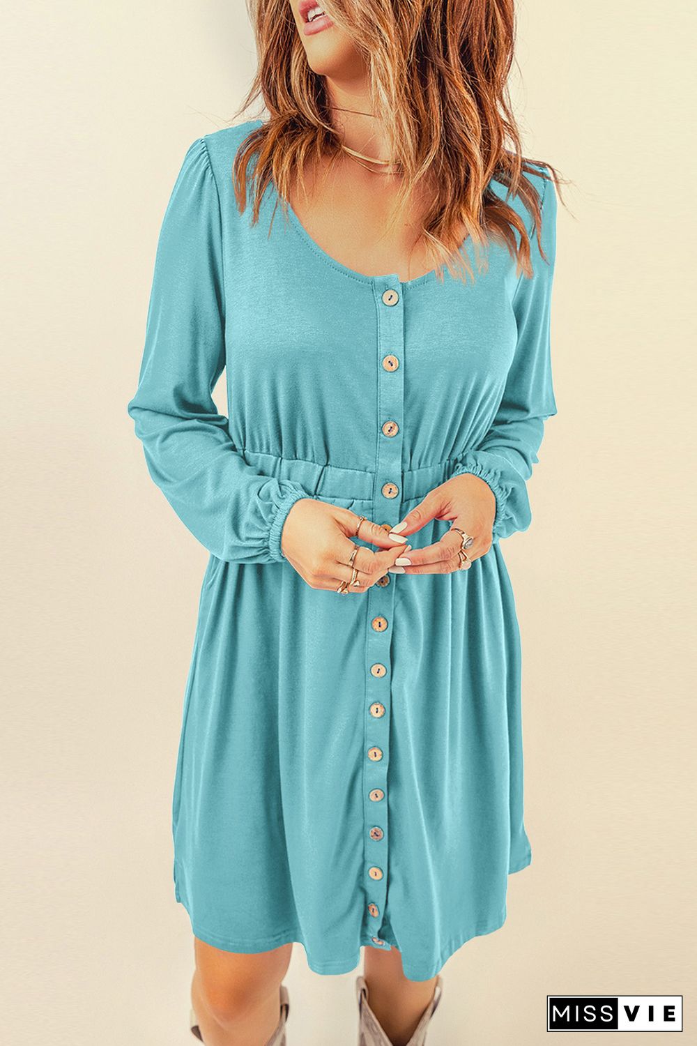 Sky Blue Button Up High Waist Long Sleeve Dress