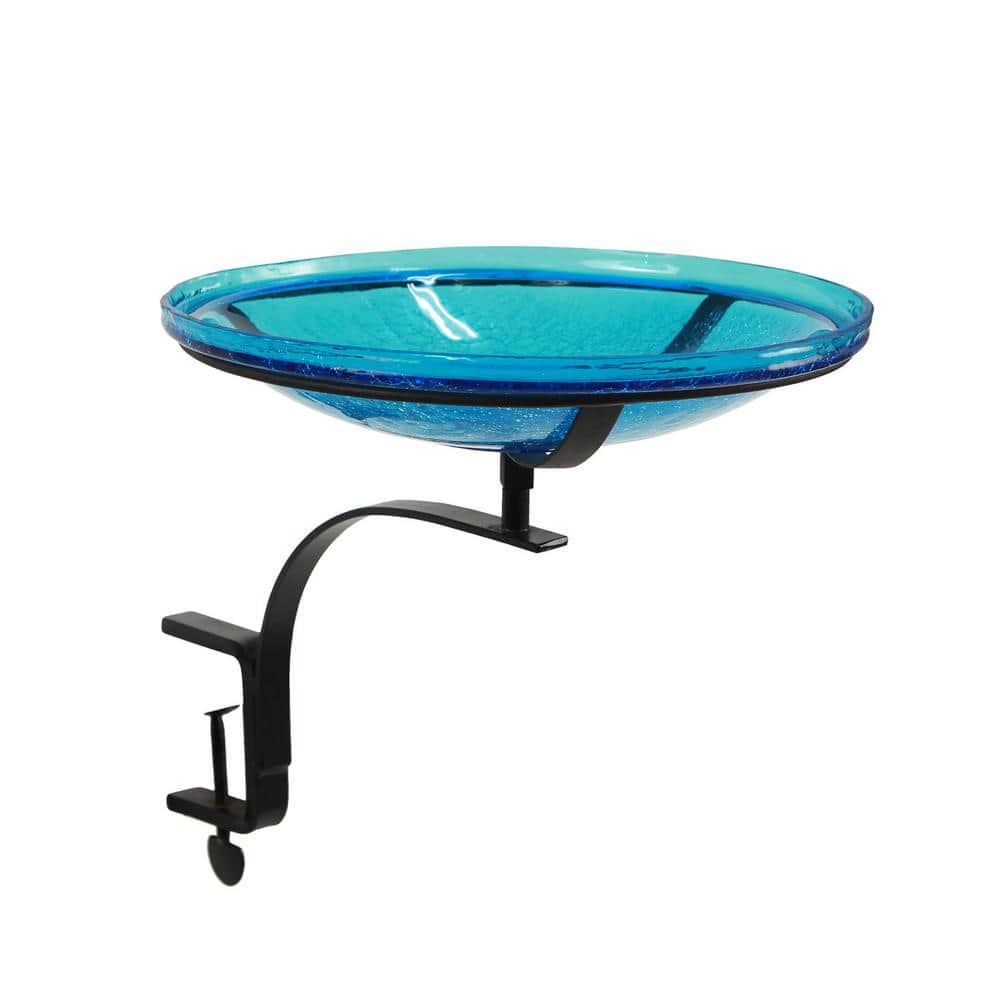 ACHLA DESIGNS 14 in. Dia Teal Blue Reflective Crackle Glass Birdbath Bowl with Rail Mount Bracket CGB-14T-RM