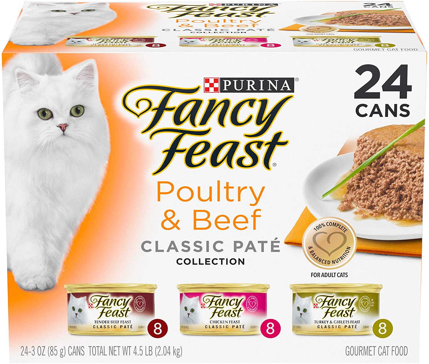 Purina Fancy Feast Grain Free Pate Wet Cat Food Variety Pack， Poultry and Beef Collection - (24) 3 oz. Cans