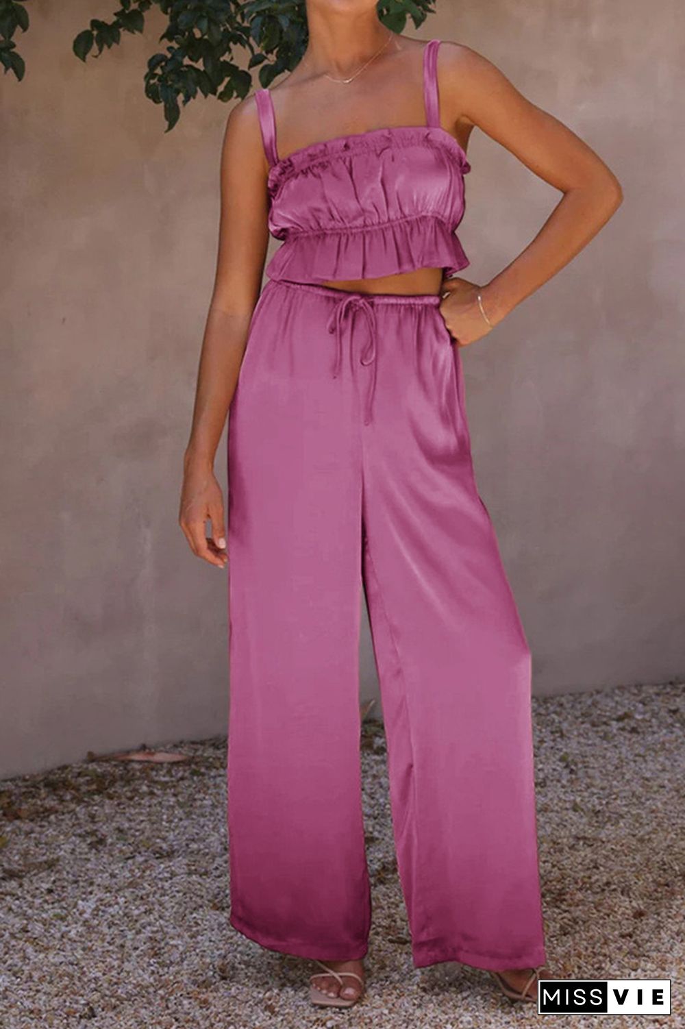 Plain Ruched Cami Crop Top With Wide Leg Pants 2pcs Set