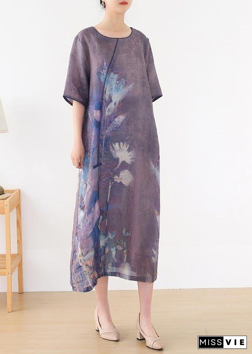 Elegant Purple Print O-Neck Maxi Summer Linen Dress