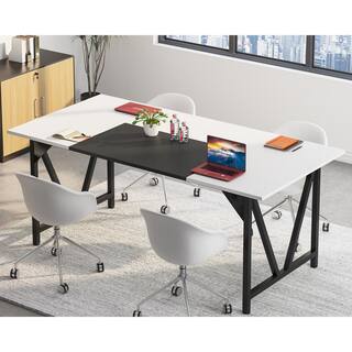 BYBLIGHT Capen 70.8 in. Retangular White Stitch Black 6 ft. Conference Room Table Meeting Computer Desk for 6 with M-Shaped Frame BB-JW0312DT