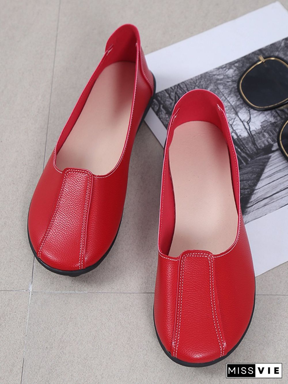 Women Casual Plain All Season Wearable Daily Flat Heel Pu Rubber Slip On Flats