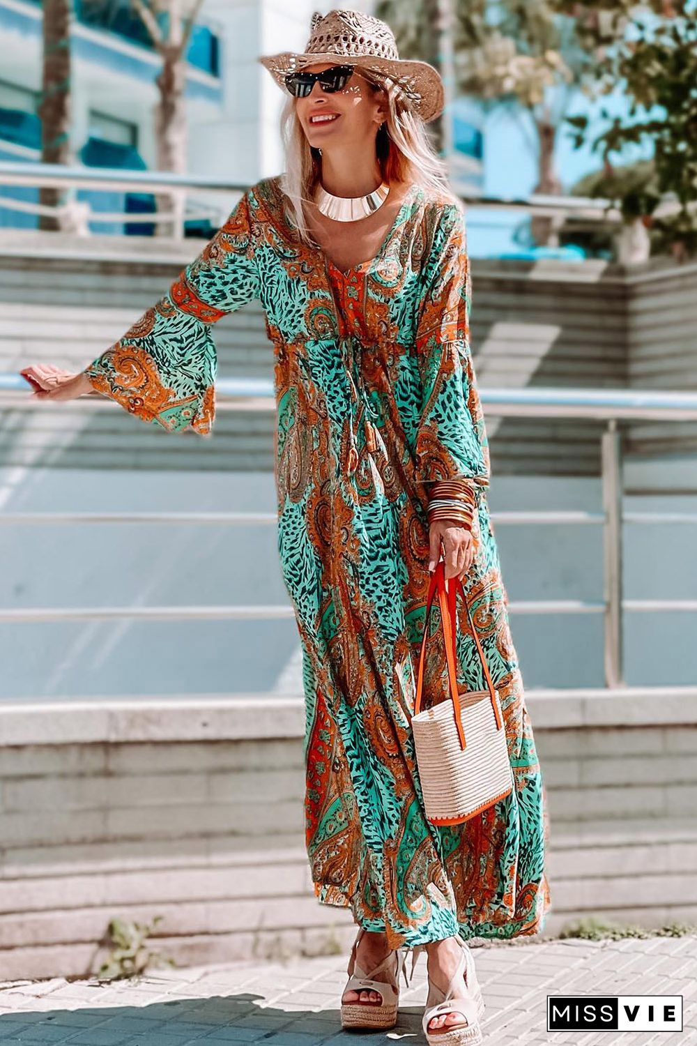 Green Boho Paisley Mix Print Long Sleeve V-Neck Tie Maxi Dress