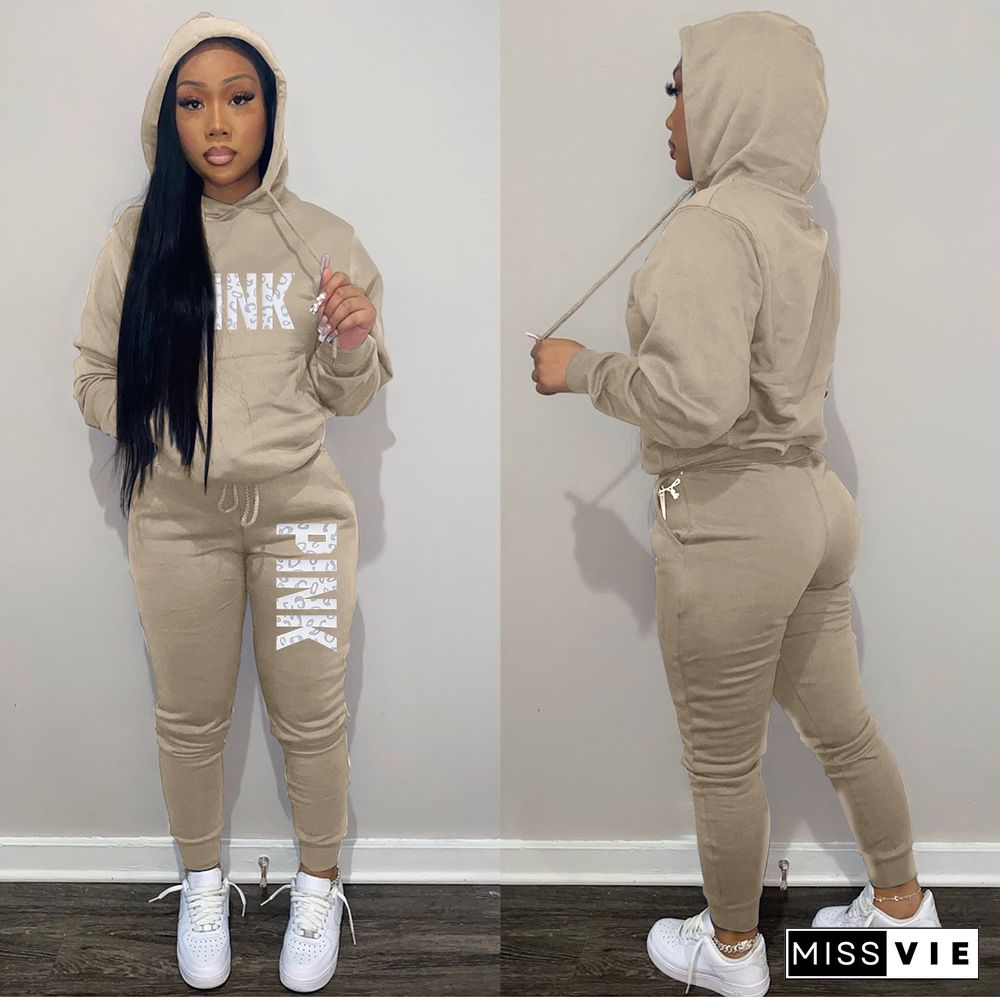 Winter Letter Print Hoodies and Pants Sports 2 Piece Sets