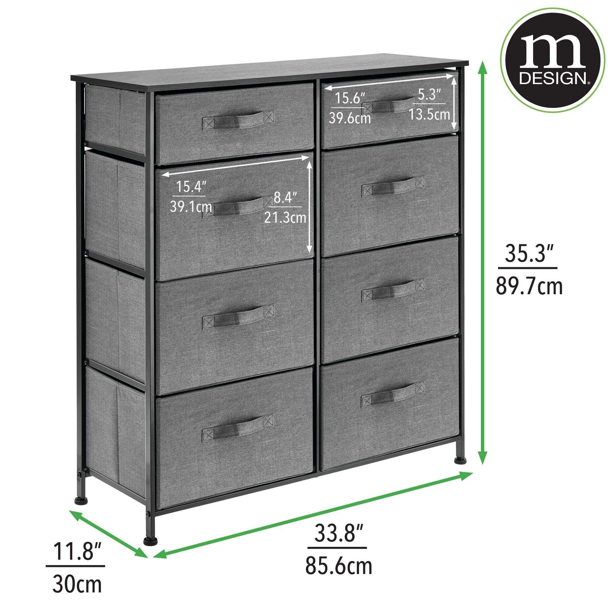 mDesign Tall Steel Frame/Wood Top Storage Dresser Furniture Unit with 8 Slim Removable Fabric Drawers, Large Bureau Organizer for Bedroom, Living Room, Closet - Lido Collection, Charcoal Gray