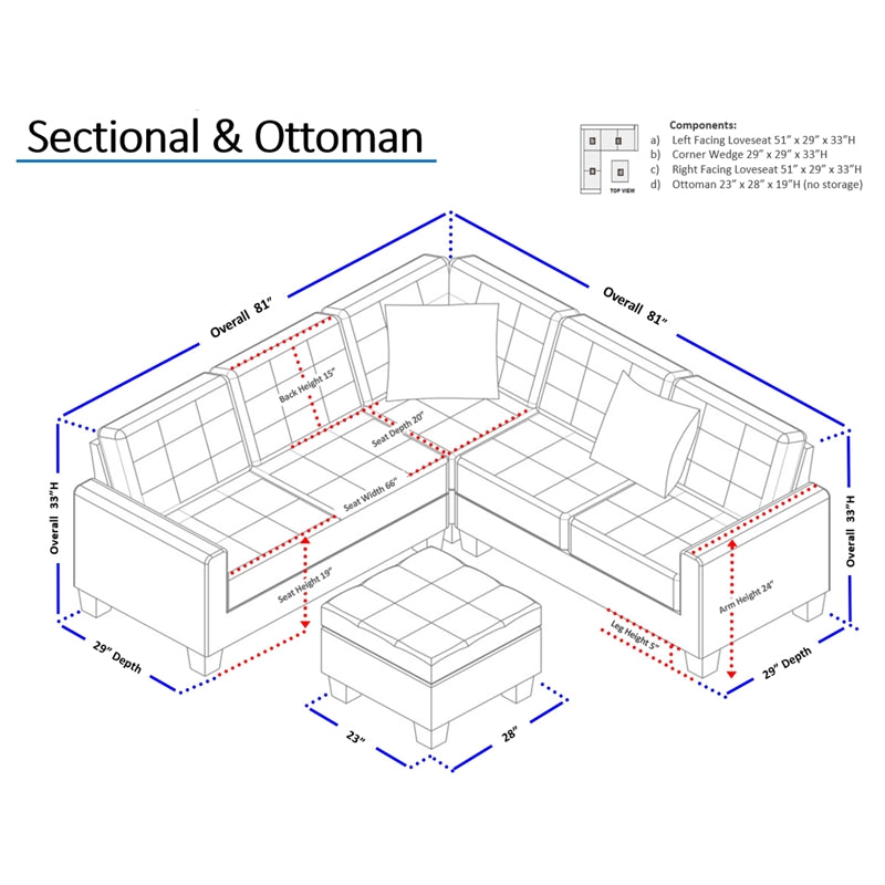 Simple Relax 4-pcs Modular Sectional w/ ottoman- Espresso-Bonded Leather