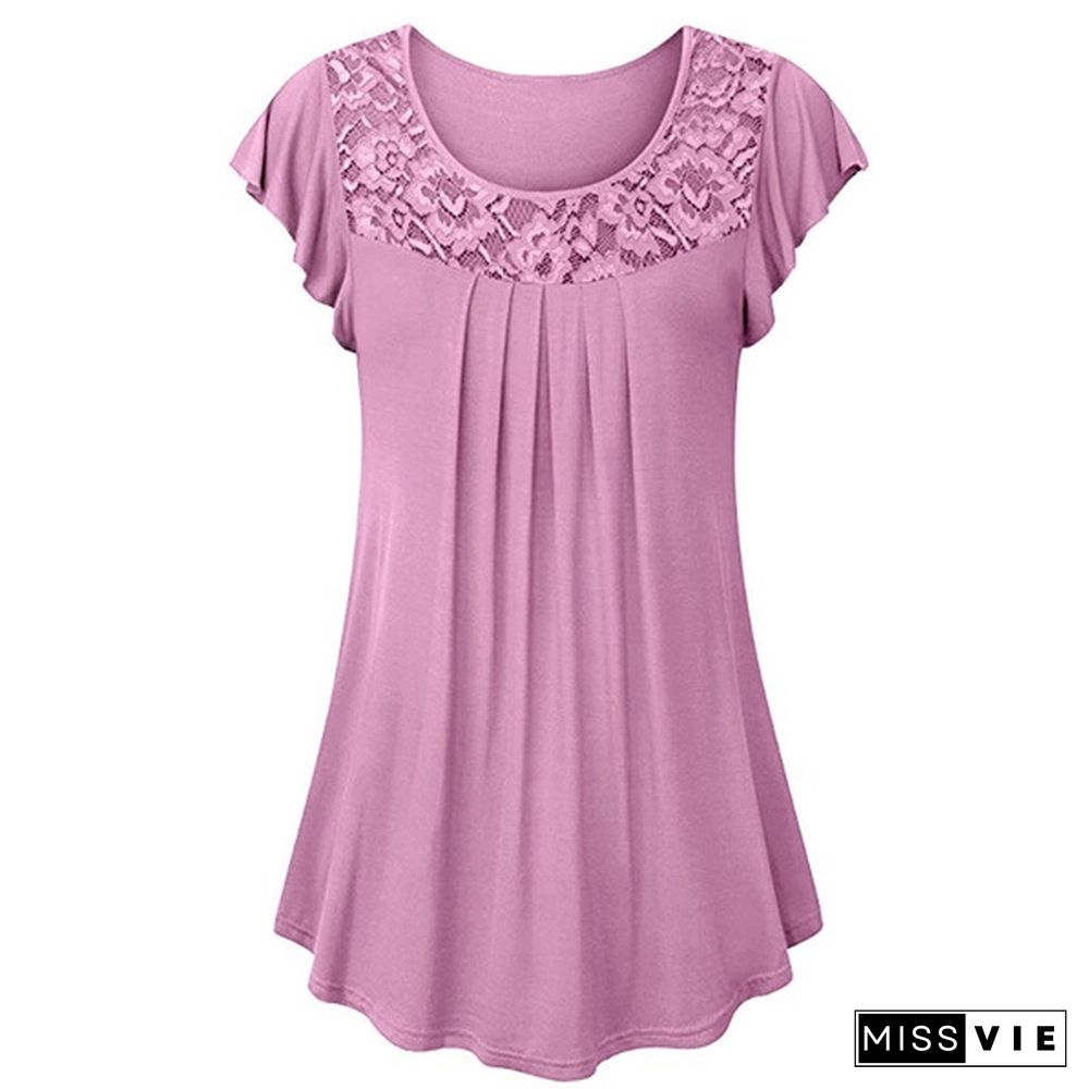 XS-8XL Plus Size Fashion Summer Clothes Womens Tops Loose Lace Stitching Pleated Blouses Ladies Casual Solid Color Short Sleeve Plus Size Cotton T-shirts