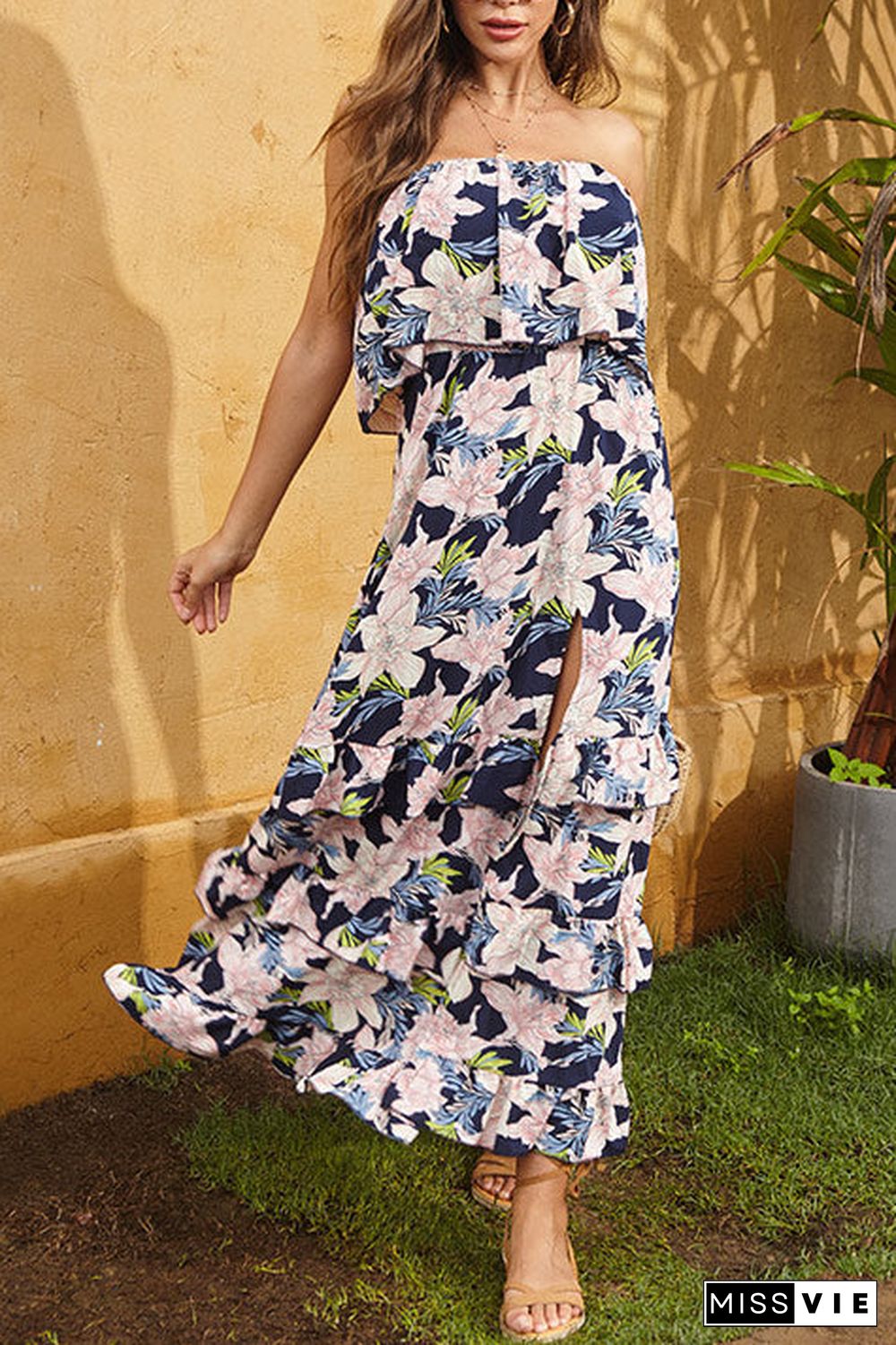 Floral Strapless Slit Ruffled Chiffon Dress