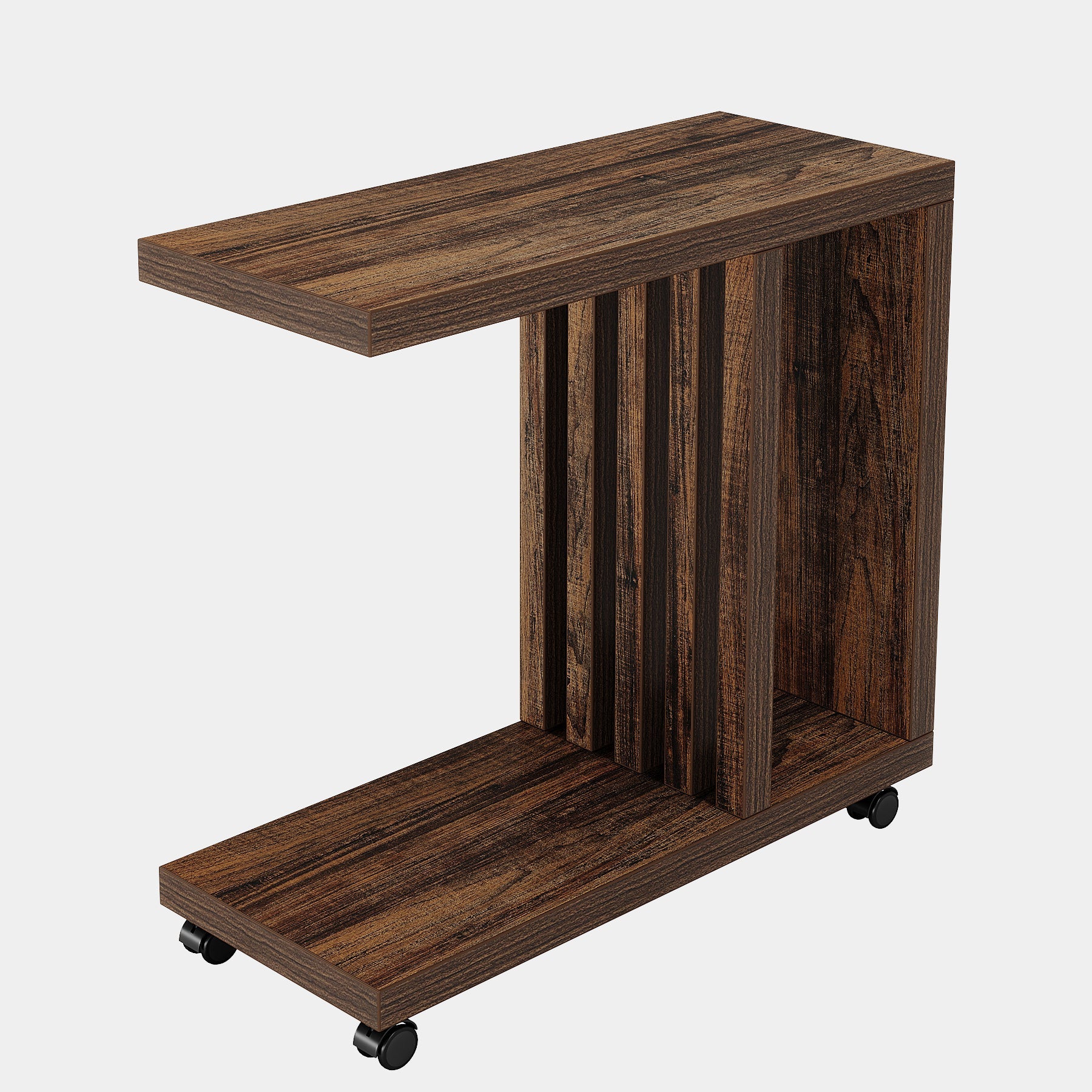 2-Tier End Table,  C-Shaped Wood Side Table with Lockable Wheels