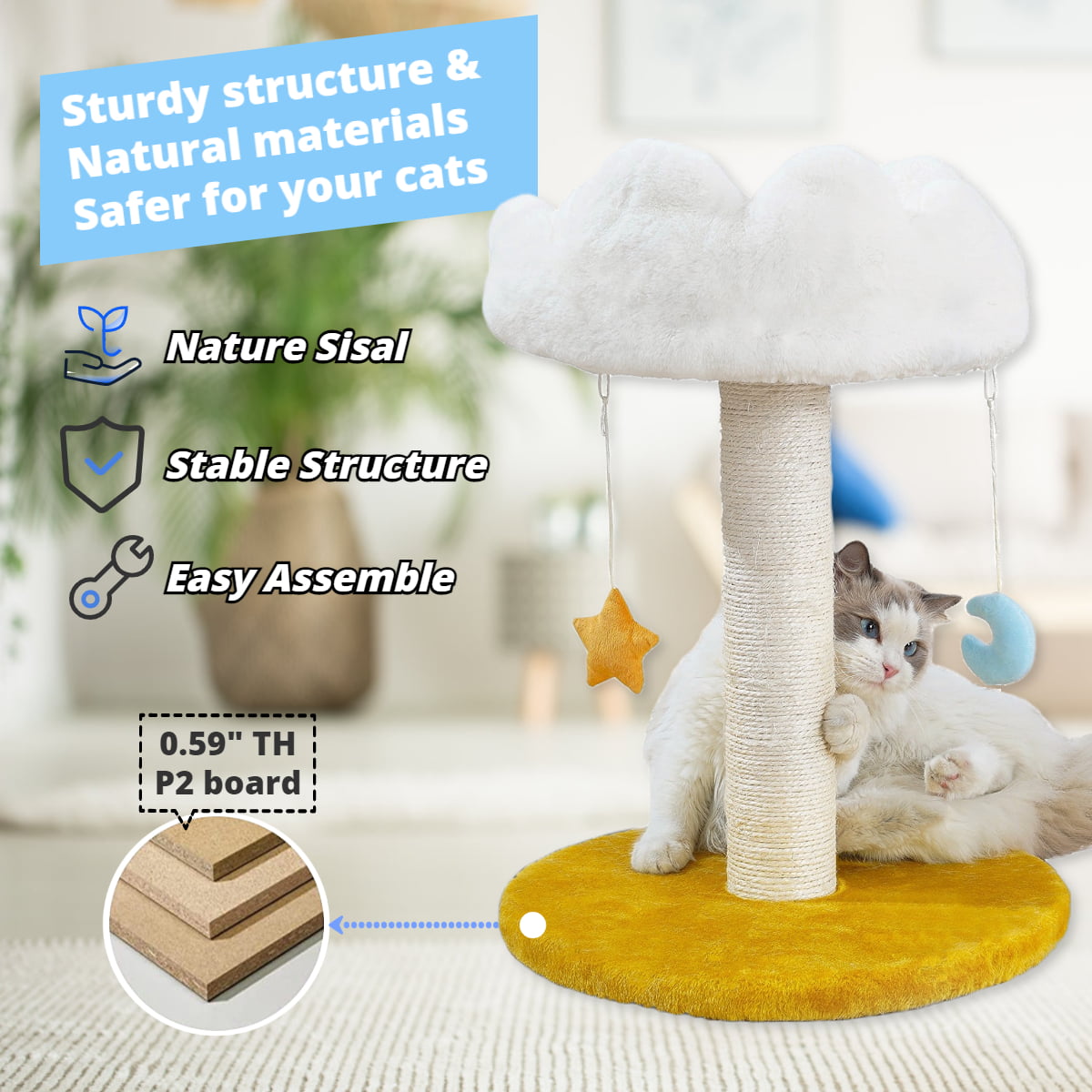 Happi N Pets Cloud Cat Scratching Post with Bed， 2 -Level Cat Tree， Nature Sisal Cat Scratcher with Soft Perch for Kitten and Adult Cats， Small Cat Tower with Toys， Stable Cat Furniture