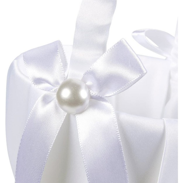 Juvale White Flower Girl Basket For Weddings Flower Pedal Basket In Satin Bowknot And Pearl Design 8 X 5 2 X 6 In