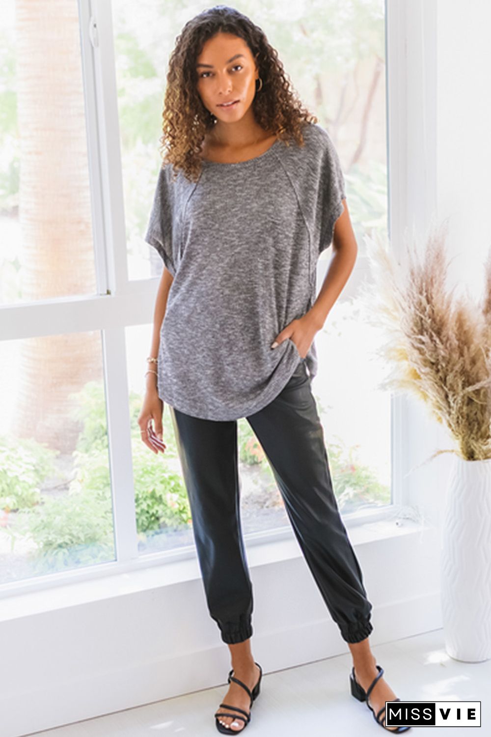 Gray Loose Slouchy Knitted Raglan Sleeves T-shirt