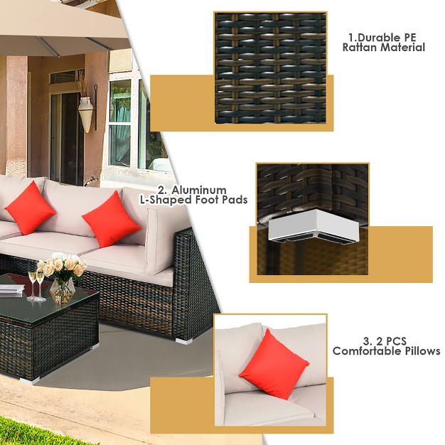 Costway 5pcs Outdoor Patio Rattan Furniture Set Sectional Conversation Beige Cushion